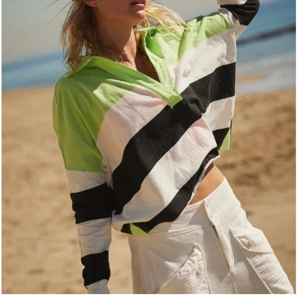 NWT! Free People Prepped Striped Polo Green Long Sleeve L Key West Combo coastal
